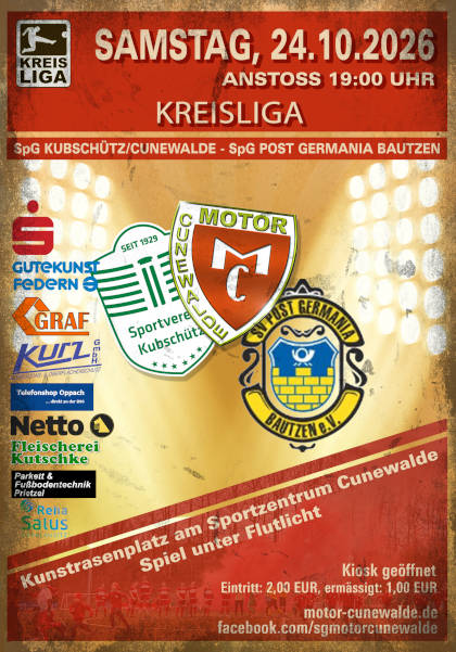 Spieltagsplakat: nächstes Heimspiel der Herren der SG Motor Cunewalde